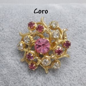 Coro Pink Rhinestone Brooch, Gold Plated Scatter Pin, 1940s Vintage Jewelry